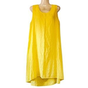 Terzo Millennio Yellow Linen Dress Cottage Scoop Neck has Peplum with Eyelet  M